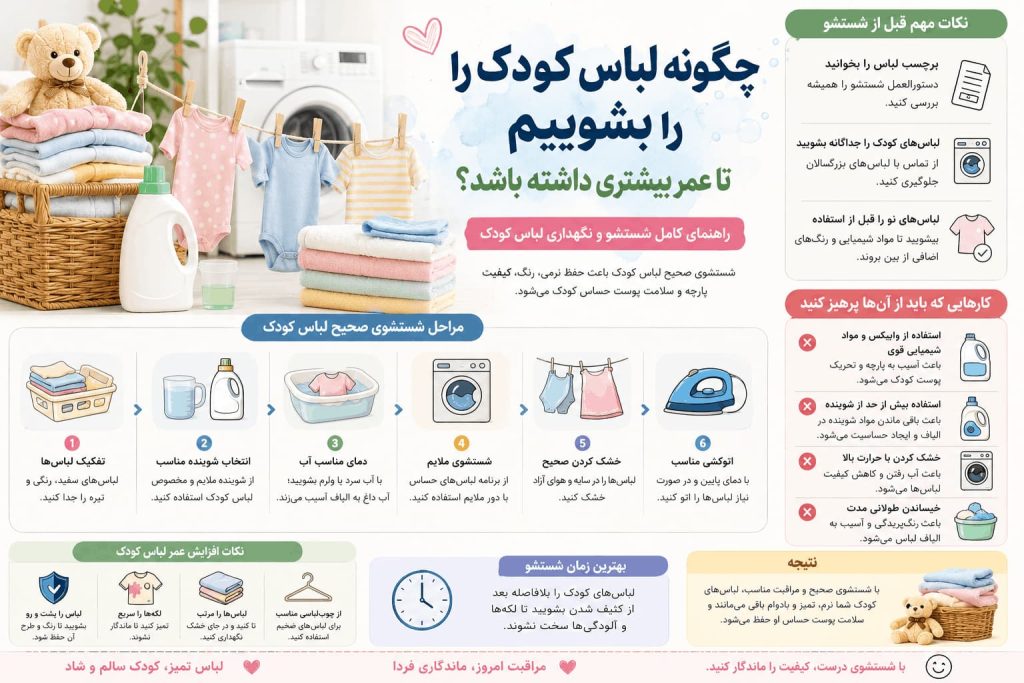 چگونه لباس کودک را بشوییم تا عمر بیشتری داشته باشد؟ راهنمای کامل نگهداری و شستشوی لباس کودک